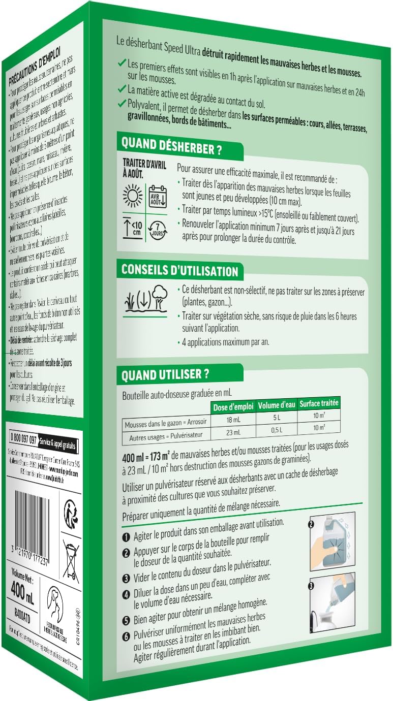 Désherbant Concentré Cours, Allées & Terrasses – Action 2-en-1 Mauvaises Herbes & Mousses – Effets en 1h – 400ml